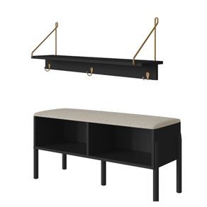 Kit Banco Sapateira e Cabideiro com Prateleira Oslo Artesano MDP Nero Base Madeira